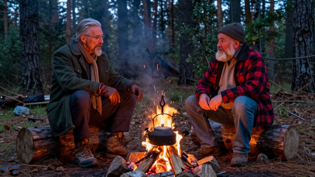 men sitting at firecamp