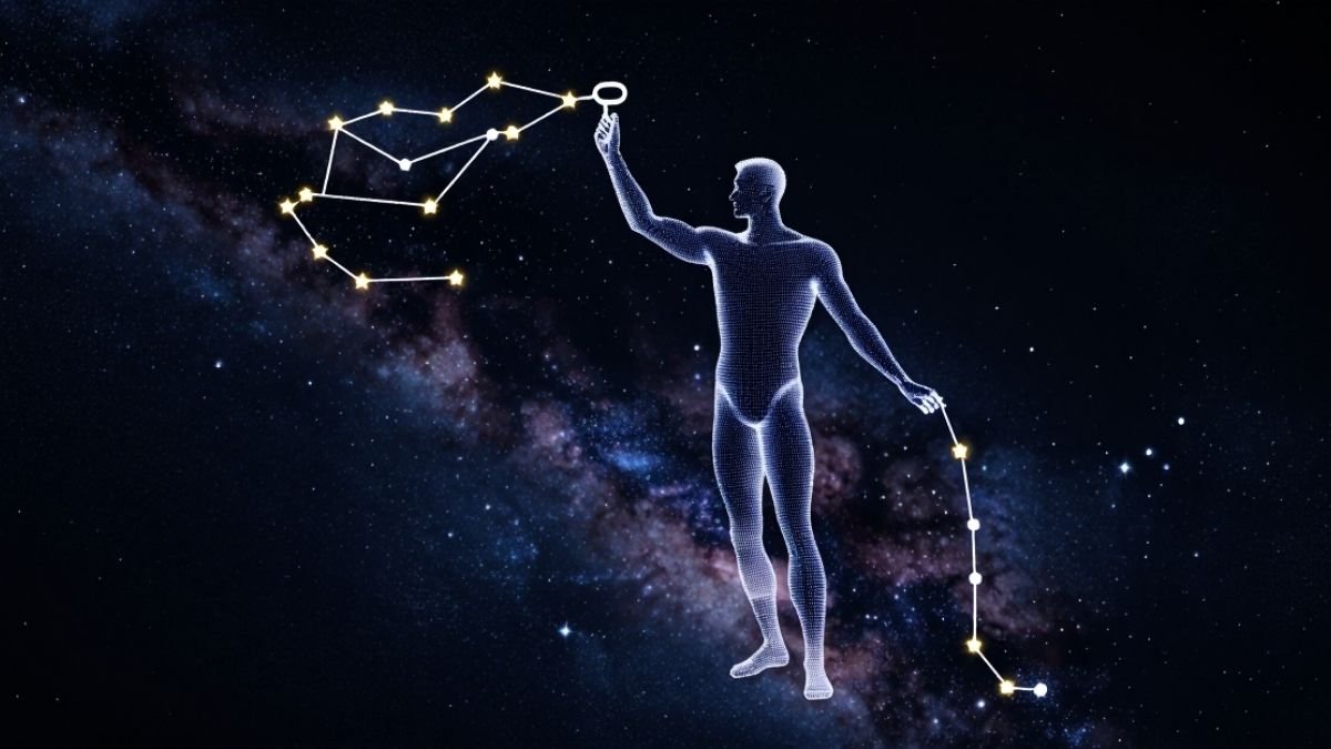 O décimo terceiro signo do zodíaco no céu, representado como um homem entre as estrelas