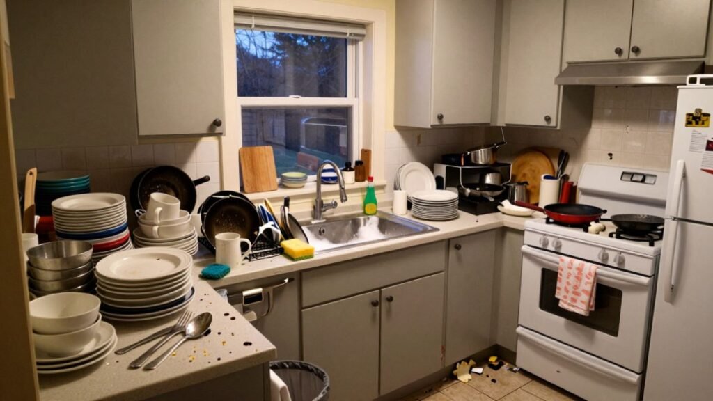 dirty kitchen wit ha lot of dirty kitchenware