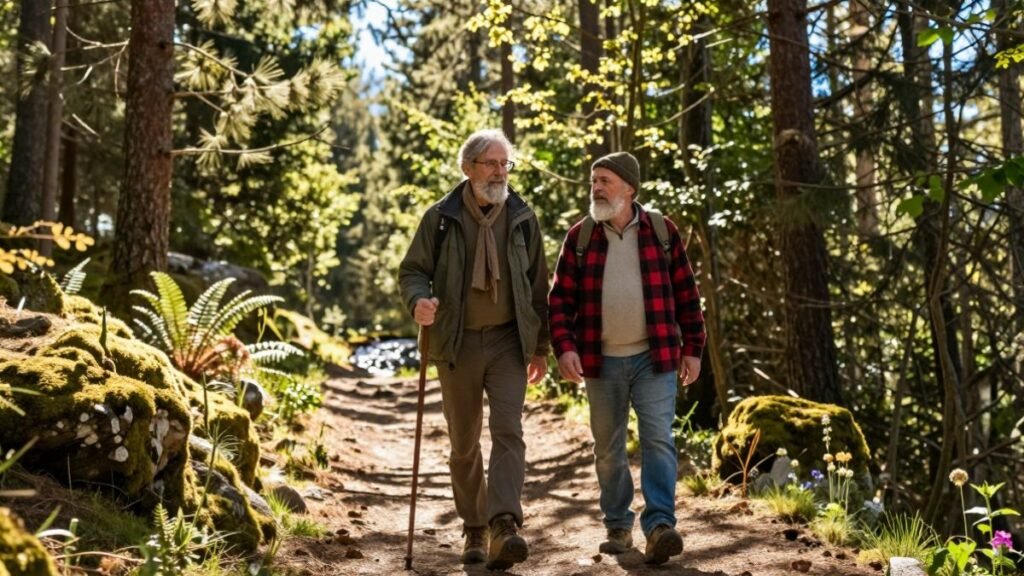men hiking in the woods
