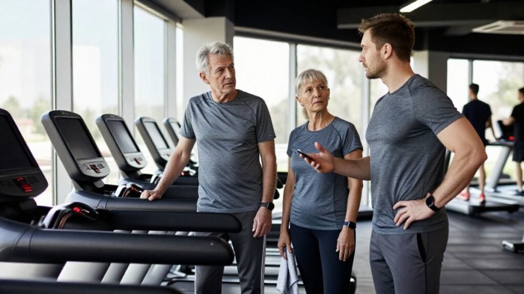 Homem idoso se exercitando em uma esteira na academia ao lado de um personal trainer