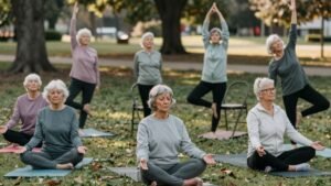 elder women doing yoga