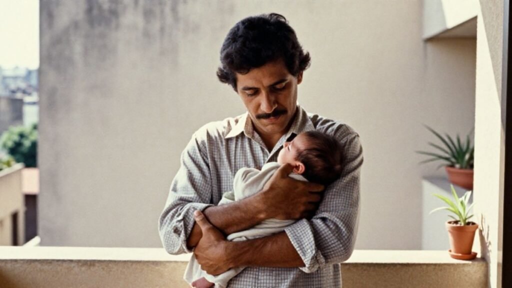 Homem com bigode segurando um bebê no colo.