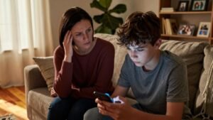 A mãe está olhando para o filho com o telefone