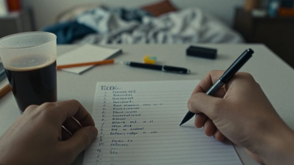 notebook on the table with an arm with a pen