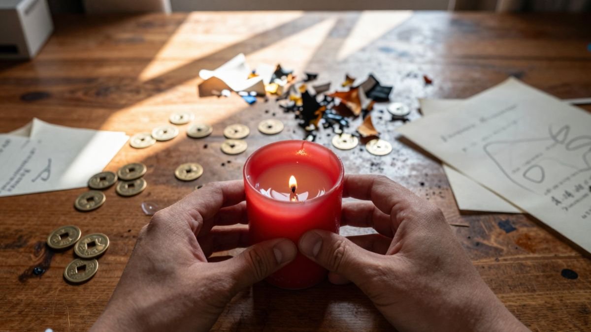 red candle and chinese coins