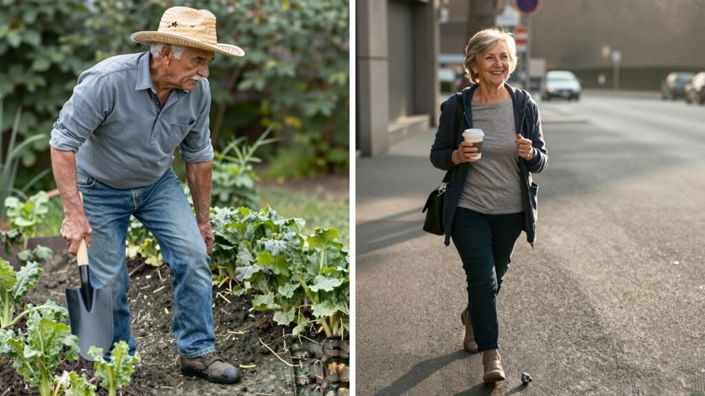Imagem dividida mostrando um homem idoso caminhando em um jardim ao ar livre e uma mulher idosa caminhando sozinha em uma rua da cidade, ambos com cerca de 70 anos.