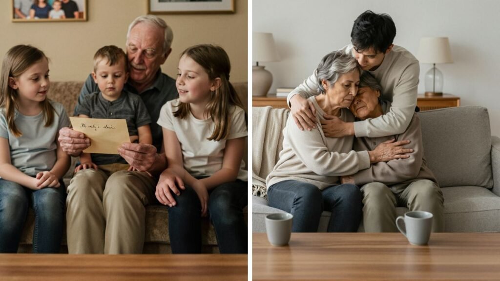Imagem dividida mostrando, de um lado, um avô mostrando uma carta para seus três netos e, do outro lado, duas senhoras idosas sentadas no sofá enquanto um jovem, possivelmente filho ou neto, as abraça por trás.